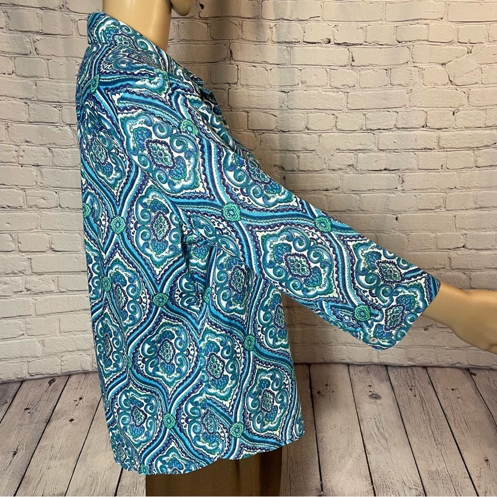 Chicos Chico's Blue Cotton 3/4 Sleeve Button Shirt Size 2 US L Size L / US 10 / IT 46 - 4 Thumbnail