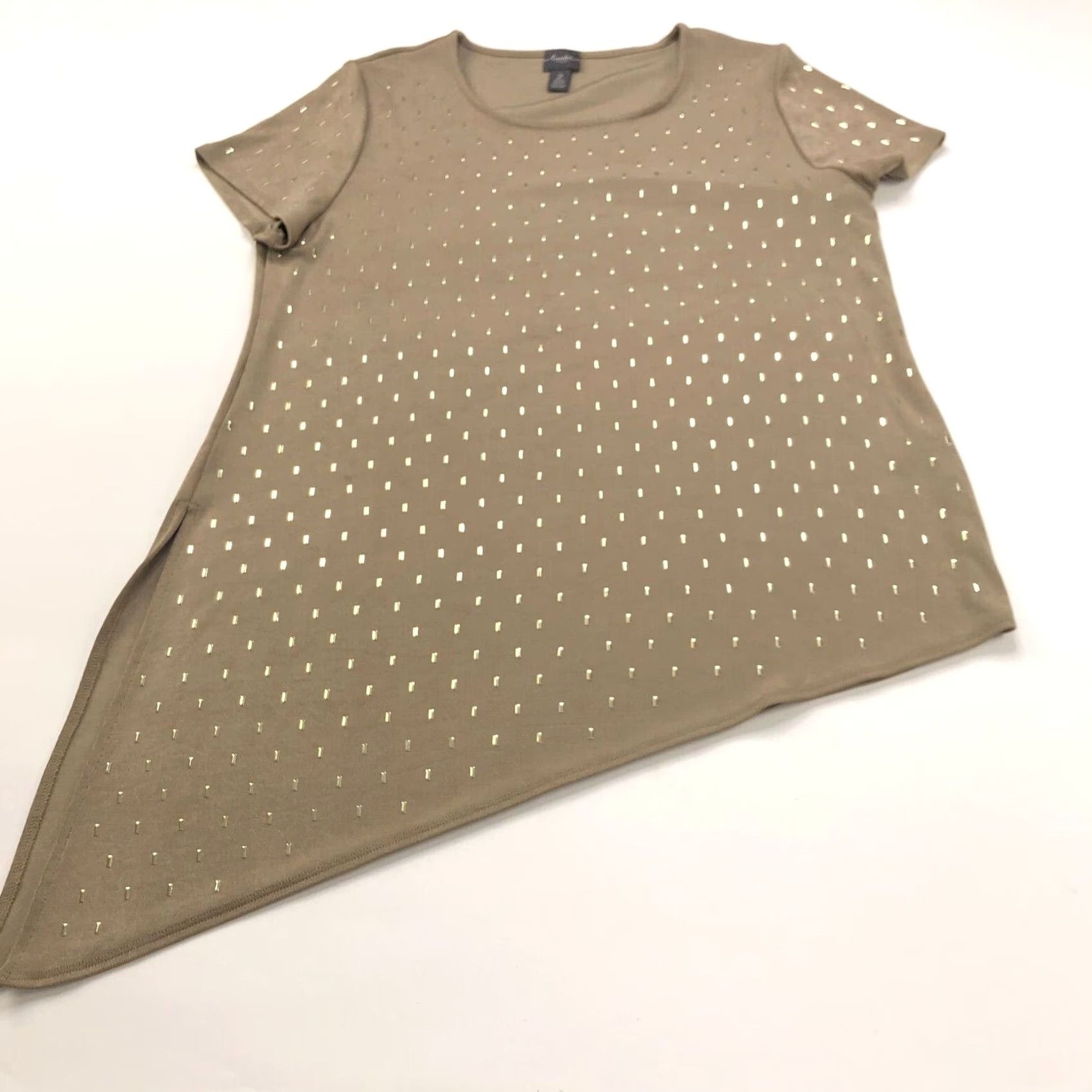 Vintage Travelers By Chico's Blouse Shirt Womens 2 Acetate Slinky Detailed Asymmetrical Pullover Top Short Sleeve Round Neck Brown XS? Size XS / US 0-2 / IT 36-38 - 2 Thumbnail