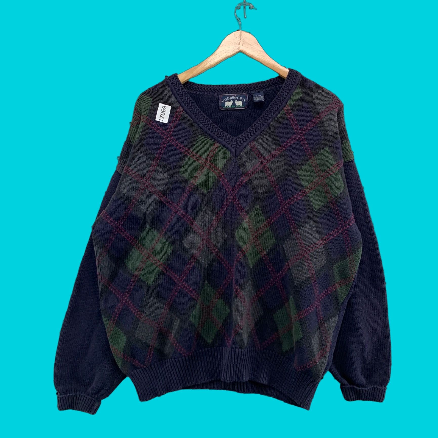 Vintage VINTAGE Woods & Gray Plaid Knit Sweater Mens XL Blue Argyle V-Neck Pullover - Knit Sweater Pattern: Argyle/Diamond Keeps Warm? Size US XL / EU 56 / 4 - 1 Thumbnail