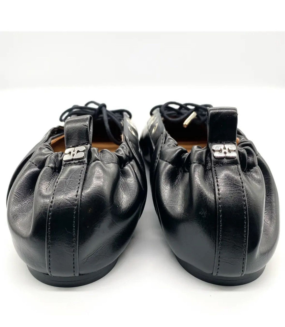 Ganni GANNI Black Leather Lace-Up Ballet Flats with Silver Eyelets Size US 9 / IT 39 - 6 Thumbnail
