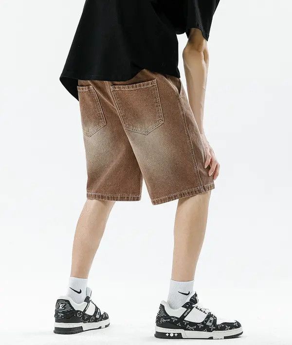 Japanese Brand Brown washed distressed loose straight casual denim shorts Size US 32 / EU 48 - 4 Thumbnail