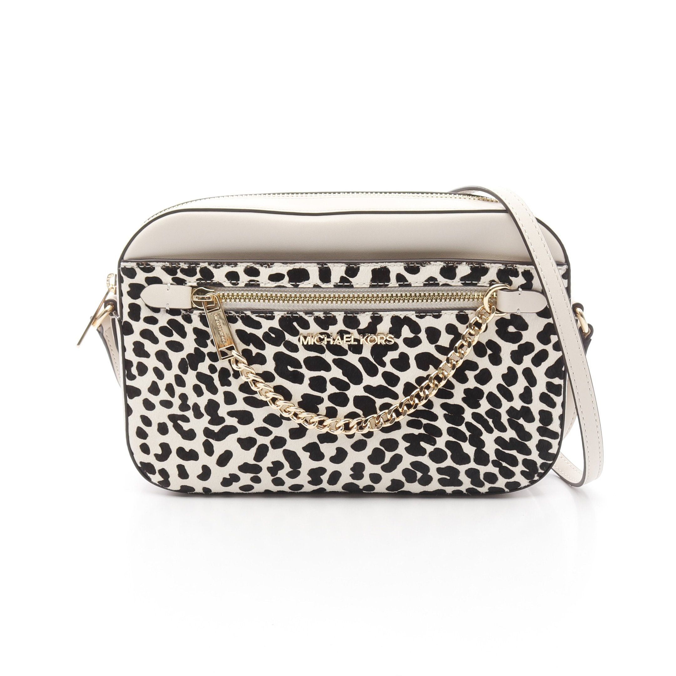 Michael Kors Jet Set Large Crossbody Bag Shoulder Leopard Print Unborn Calf Leather Ivory Black
