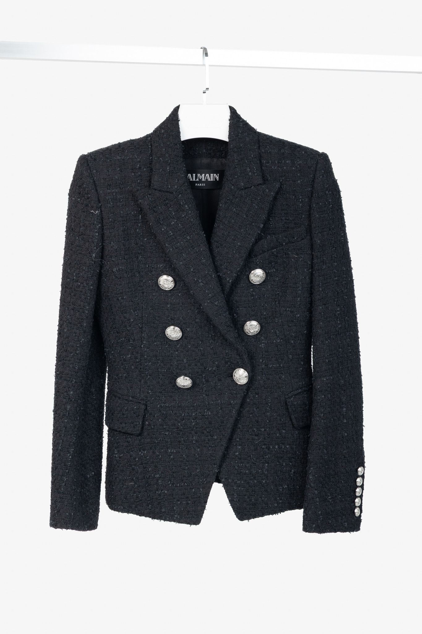 Balmain Balmain SS/19 Black Cotton Tweed Double-Breasted Blazer Size XS / US 0-2 / IT 36-38 - 1 Thumbnail