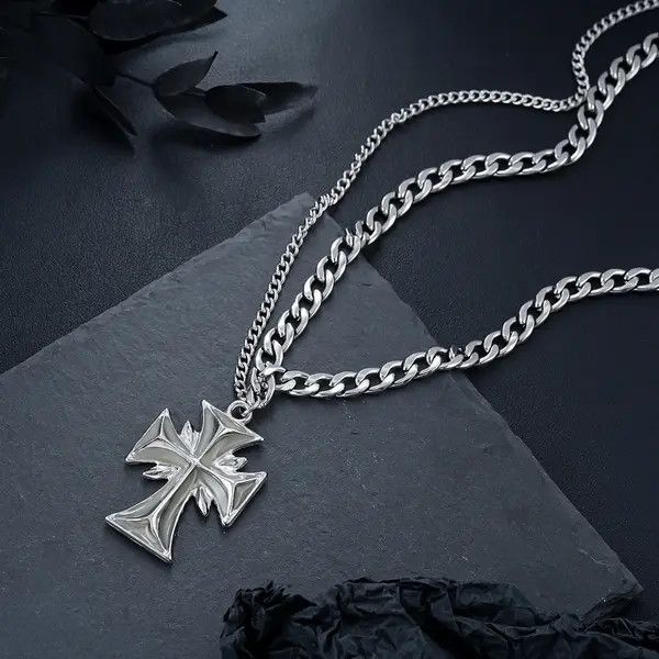 Jewelry Silver Gothic Cross Pendant Necklace, Chunky Chain Size ONE SIZE - 2 Thumbnail