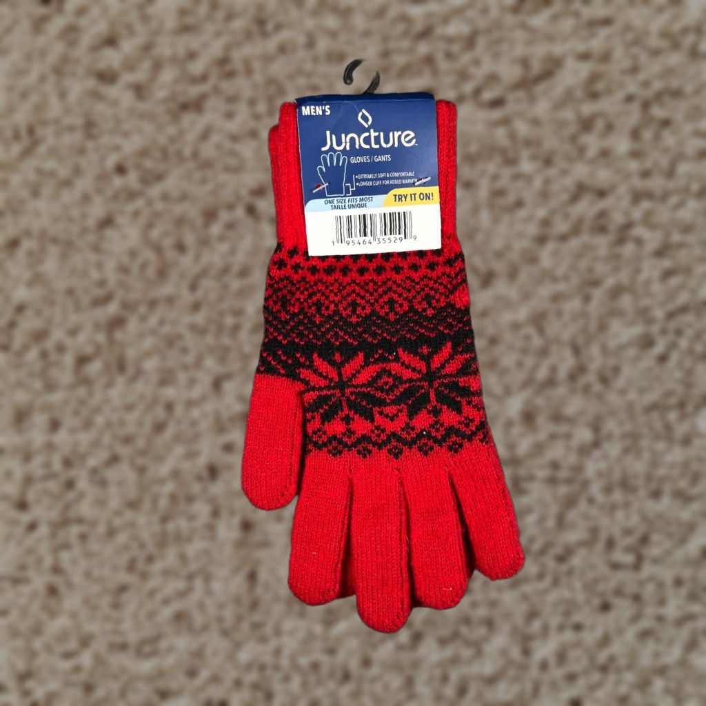 Vintage Juncture Mens Gloves One Size Red Polyester Blend Fair Isle Stretch Winter Ski Size ONE SIZE - 1 Thumbnail