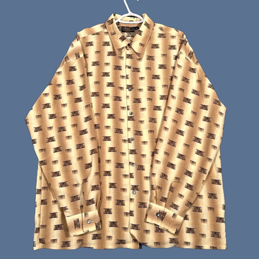 Monzini Vintage Shirt Collection Mens XL 70s Striped Art Deco Abstract Geometric Button-Up Collared Spread USA USA Multicolor Polyester Woven