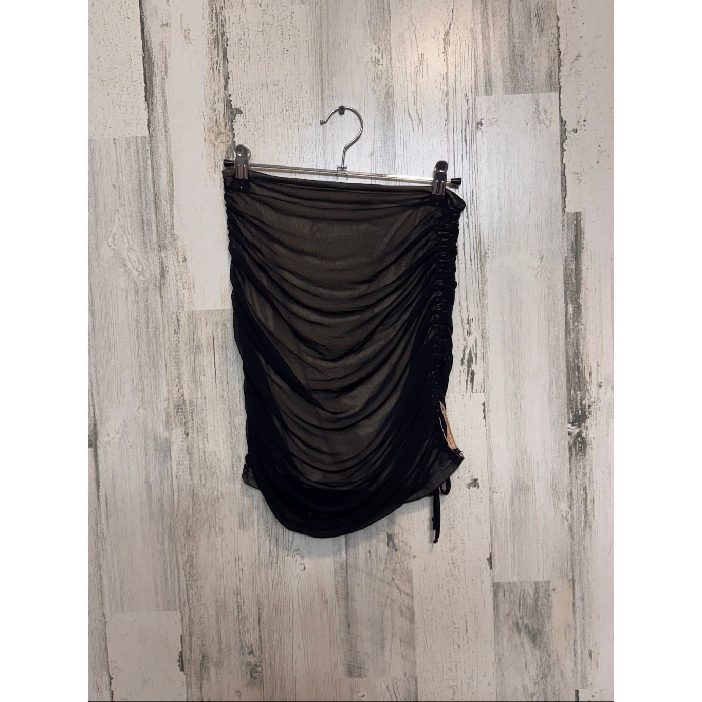 Other Privy Windsor Black Mesh Ruched Mini Skirt | Sheer Overlay N Size 30" / US 8 / IT 44 - 2 Thumbnail