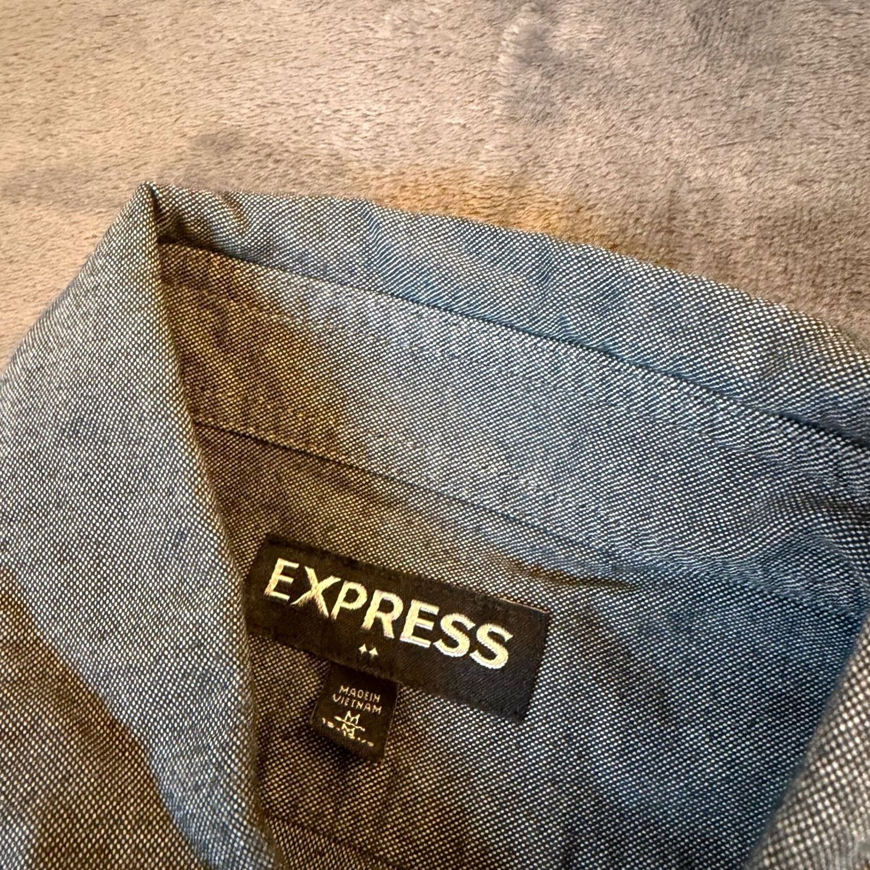 Express Express Mens Medium Long Sleeve Button-Down Shirt Chambray Style White Black Size US M / EU 48-50 / 2 - 2 Thumbnail