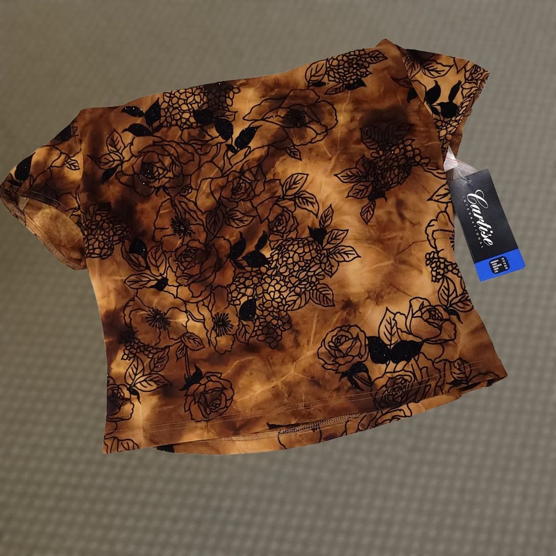 Vintage VINTAGE CARTISE INTERNATIONAL Crop Top Shirt Womens Brown Floral Velvet Glitter Boho Casual Short Sleeve 90s Womens Size XL / US 12-14 / IT 48-50 - 1 Thumbnail