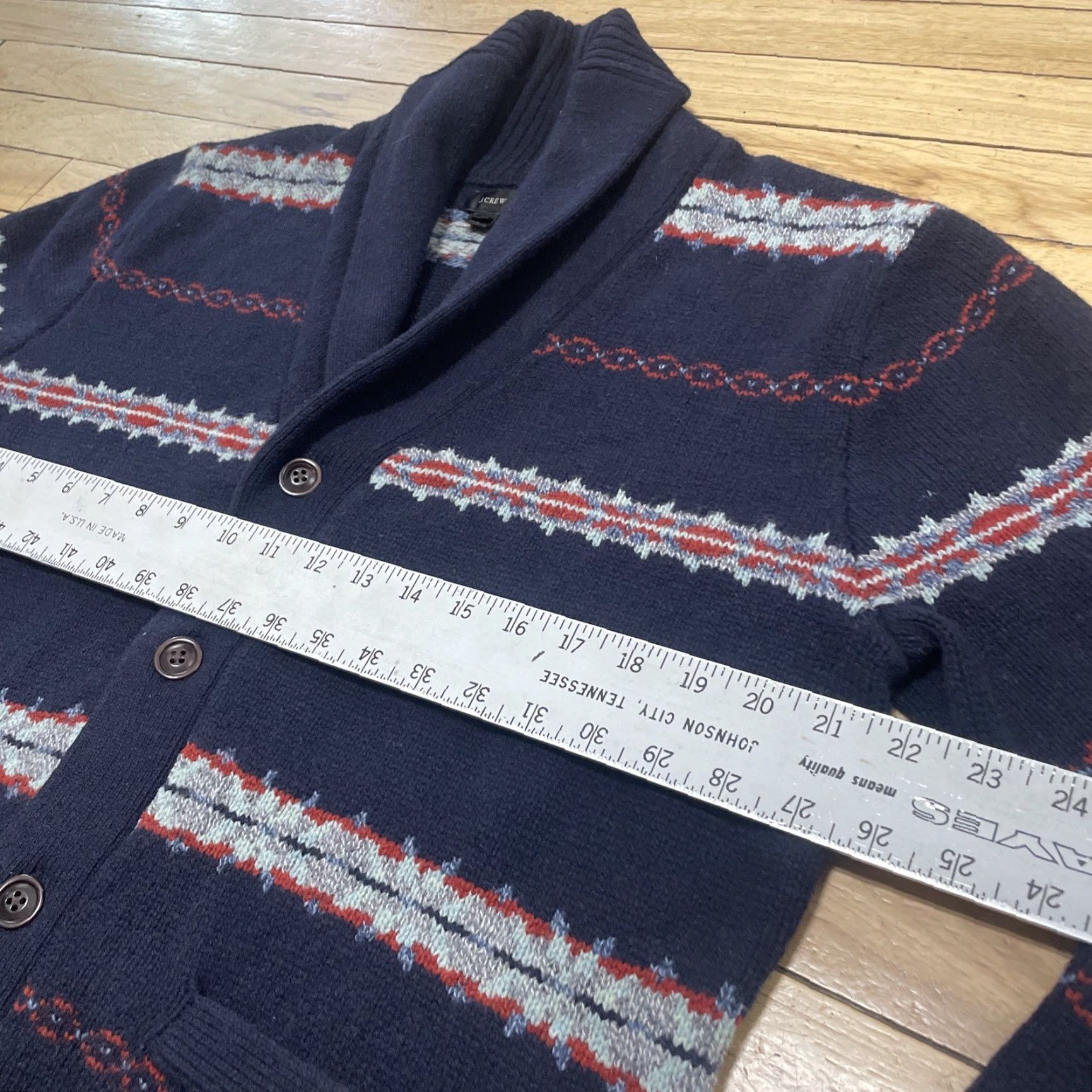 J.Crew J.CREW Shawl Cardigan 100% Lambs Wool Heavy Sweater Blue Red Mens L Fairisle Wool Cardigan Size US L / EU 52-54 / 3 - 7 Thumbnail