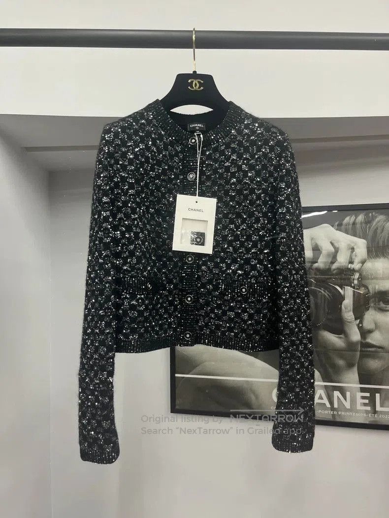 Chanel 23B Black Sequin Knit Top.