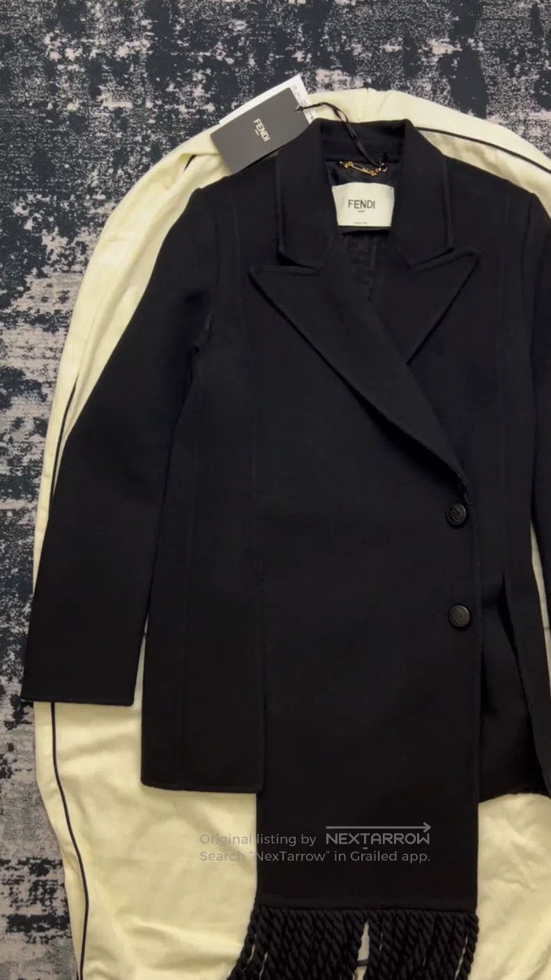 Fendi Fendi Black Wool Coat with Fringe Hem and Monogrammed FF L Size XXS / US 00 / IT 34 - 1 Thumbnail