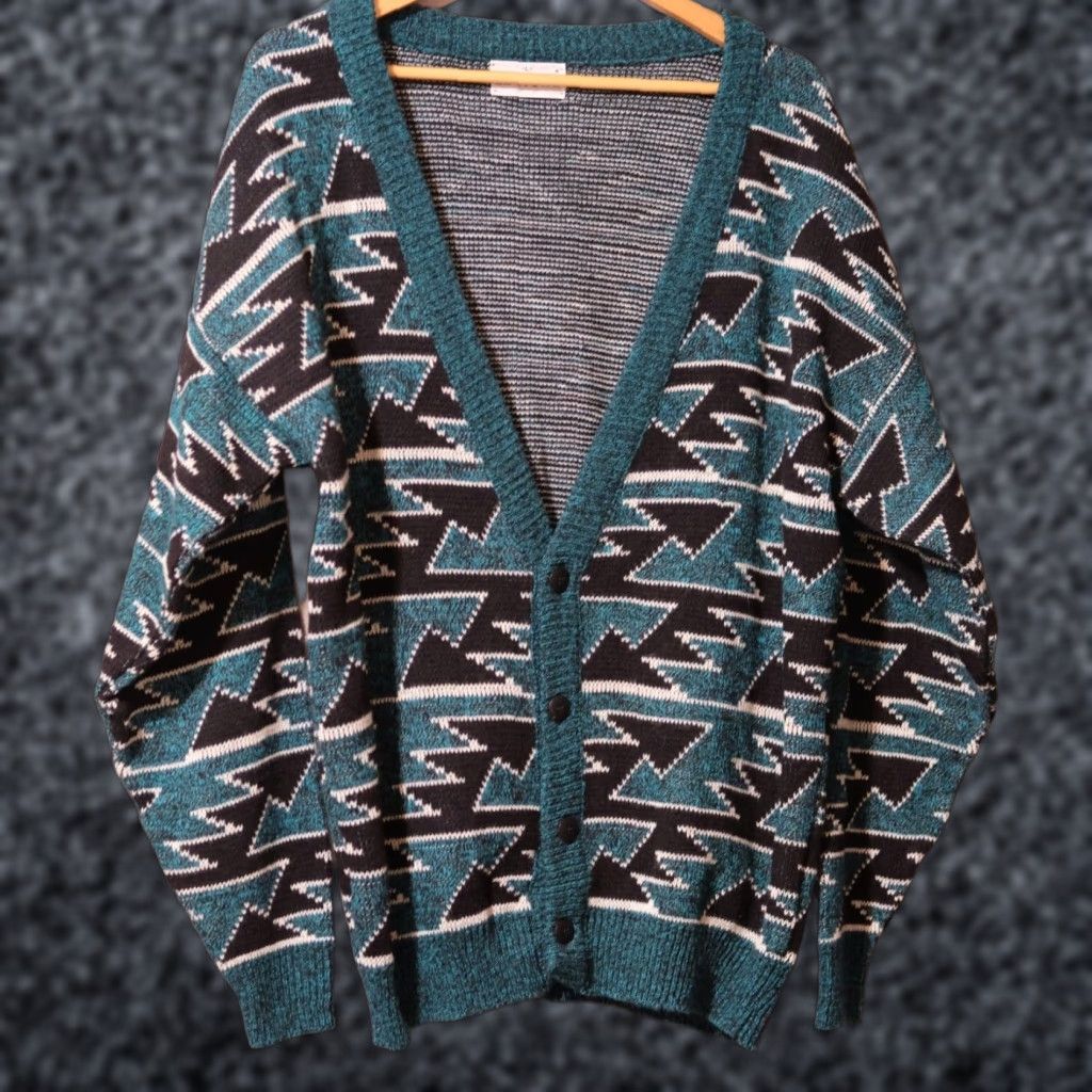 Vintage VINTAGE Le Tigre Cardigan Sweater Men's L Green/Black/White Geometric Knit Long Sleeve V-Neck 1980s/70s Oversized Retro Hipster USA Mens Size US L / EU 52-54 / 3 - 1 Thumbnail
