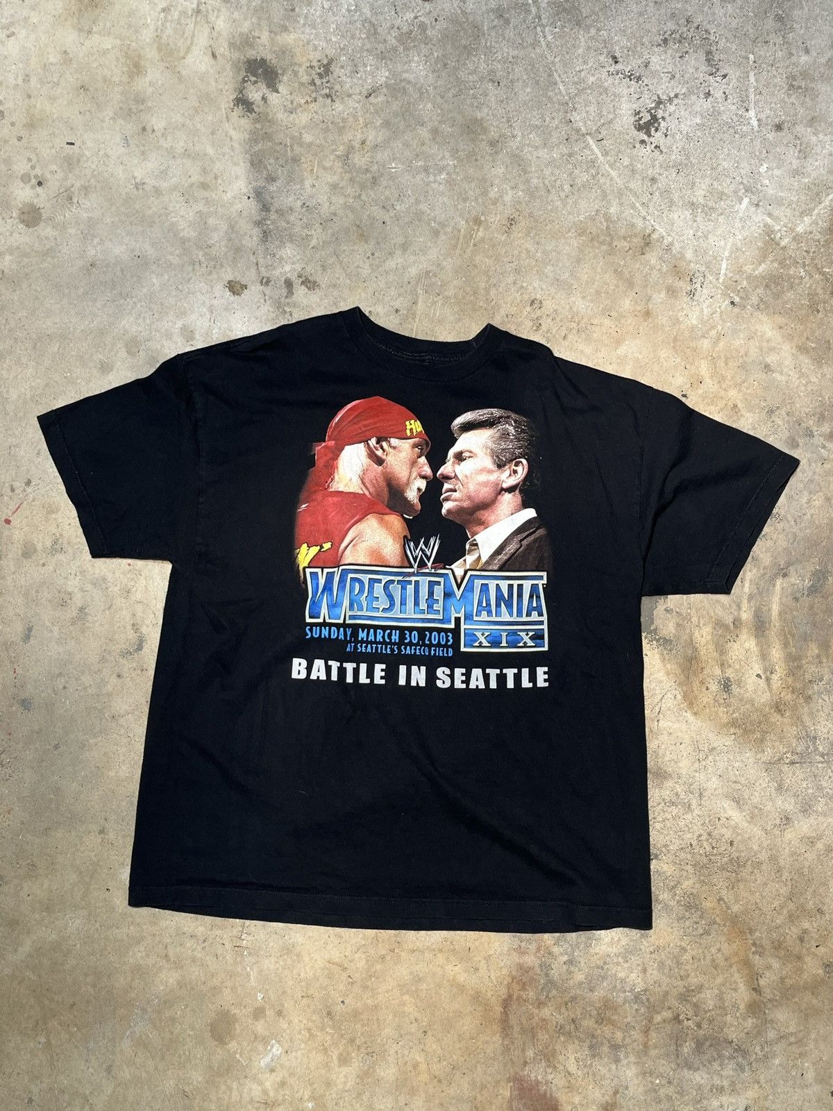 image of Vintage x Wwe 2003 Wrestlemania Xix Mcmahon Vs Hogan Tee in Black, Men's (Size 2XL)