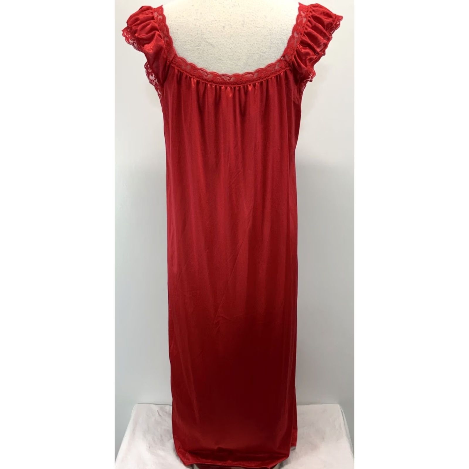 Vintage VINTAGE Jill Andrea Nylon Nightgown Womens L Red Lace Trim Long Made USA 70s Sleepwear Size ONE SIZE - 3 Thumbnail