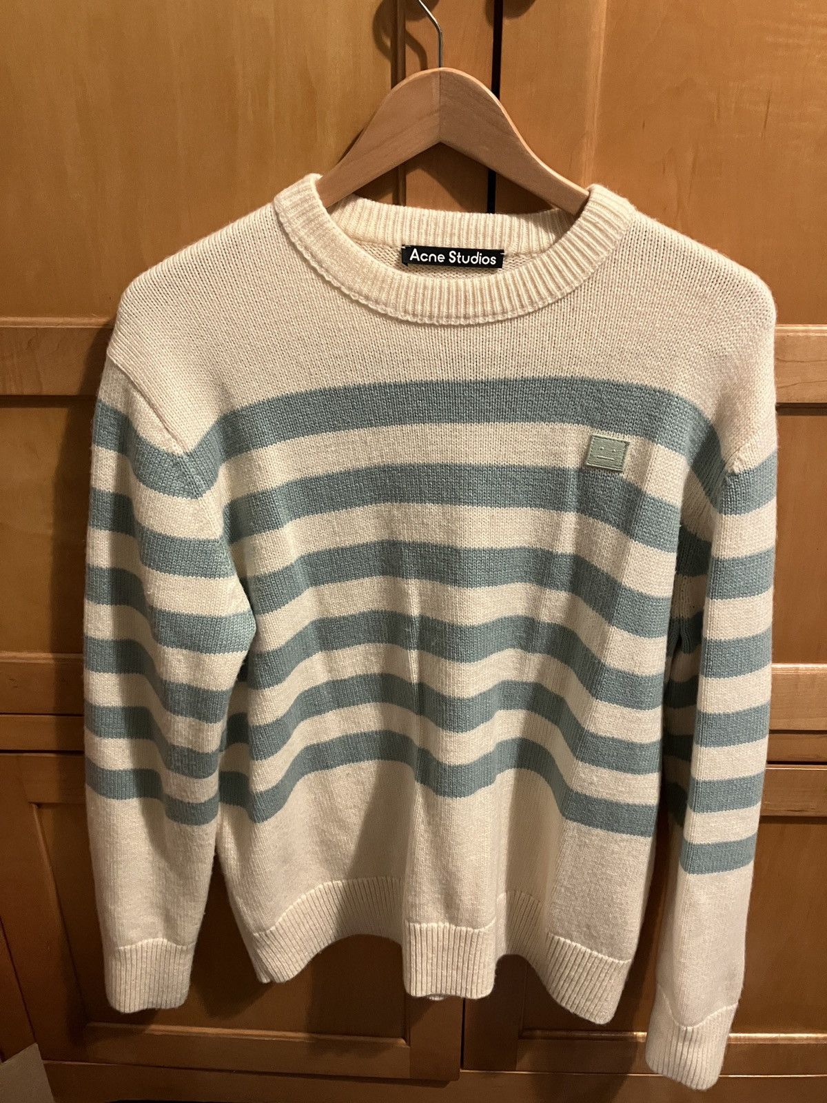 image of Acne Studios Nimah Stripe Face Crew Knit Sweater Medium in Beige, Men's
