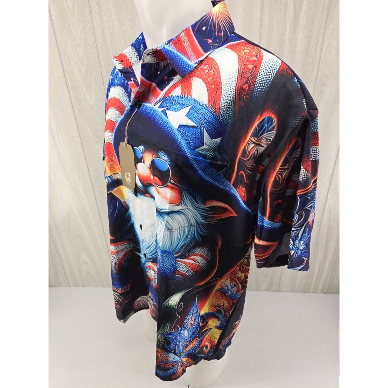 Vintage HARDADDY American Flag W/Gnome Short Sleeve Button-Up Shirt XL Mens Red White & Blue, Patriotic, USA, Button-Up, Casual, Travel, Workwear Size US XL / EU 56 / 4 - 4 Thumbnail
