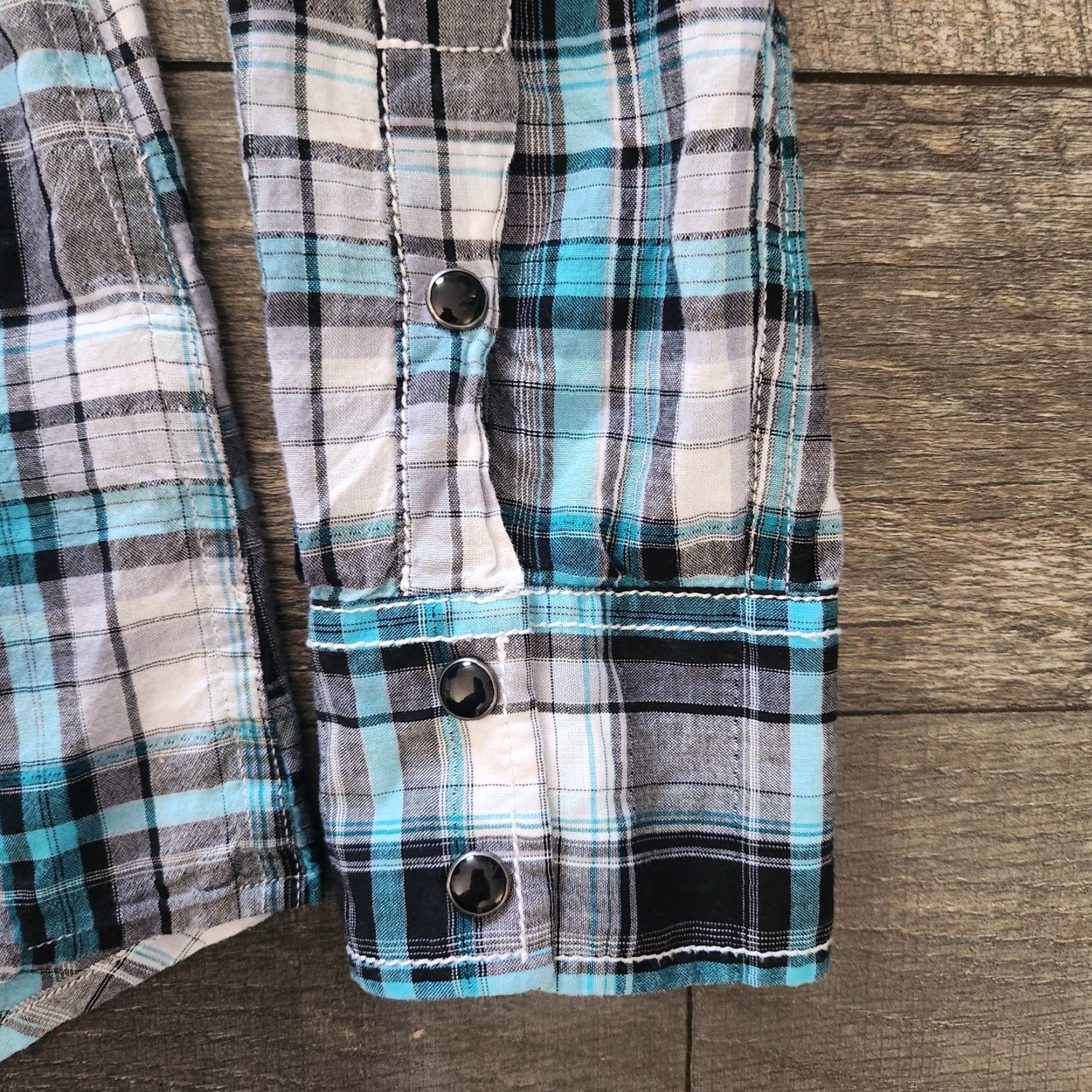 Vintage Rock And Roll Cowboy Pearl Snap Shirt Mens Medium Teal Plaid Thick Stitch Regular Button-Up Short Sleeve Collared Pocket Cowboy USA Western Mens Size US M / EU 48-50 / 2 - 2 Thumbnail
