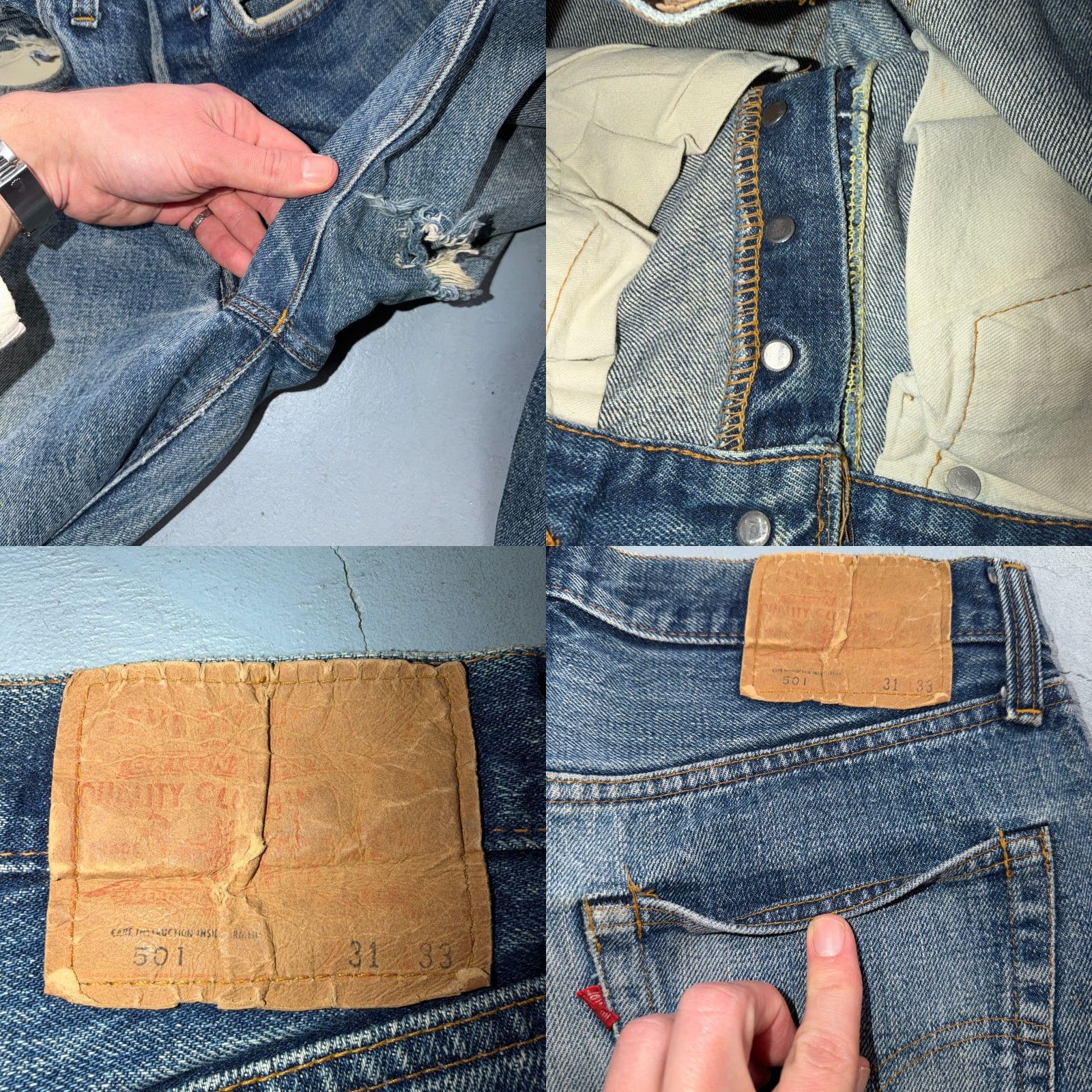 Levi's VINTAGE Levi's 501 Jeans 70s 80s USA Light Wash Classic Straight 31x33 5-Pocket Denim Button USA Mens Blue Light Distressed Regular Coat? Size US 31 - 10 Thumbnail