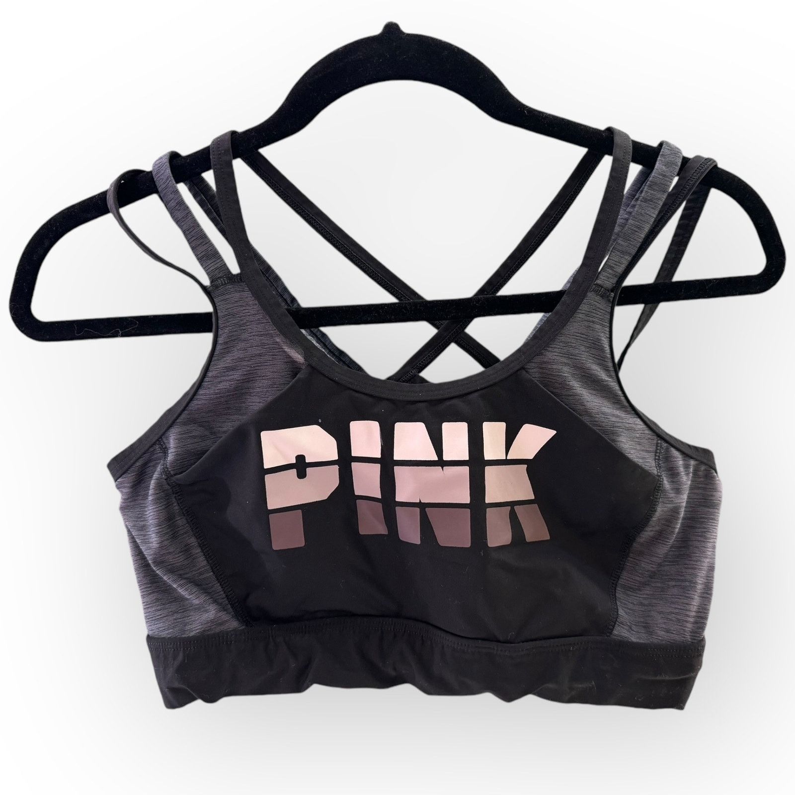 Victoria's Secret PINK Ultimate Sports Yoga Gym Bra Logo Gray Black L Size ONE SIZE - 2 Thumbnail