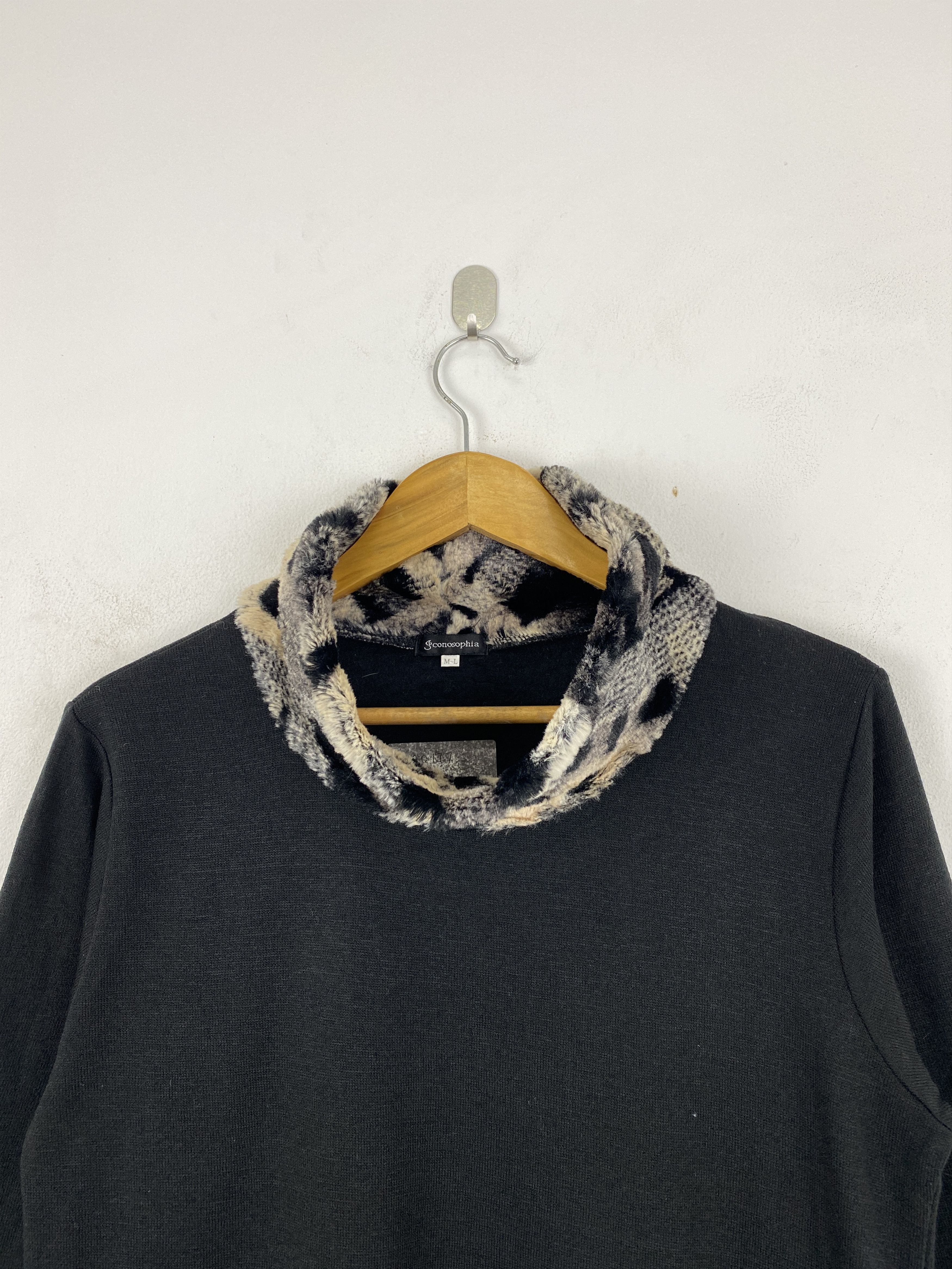Japanese Brand Black Tunic Top with Faux Fur Cowl Neck and Leopard JA0177 Size US L / EU 52-54 / 3 - 3 Thumbnail