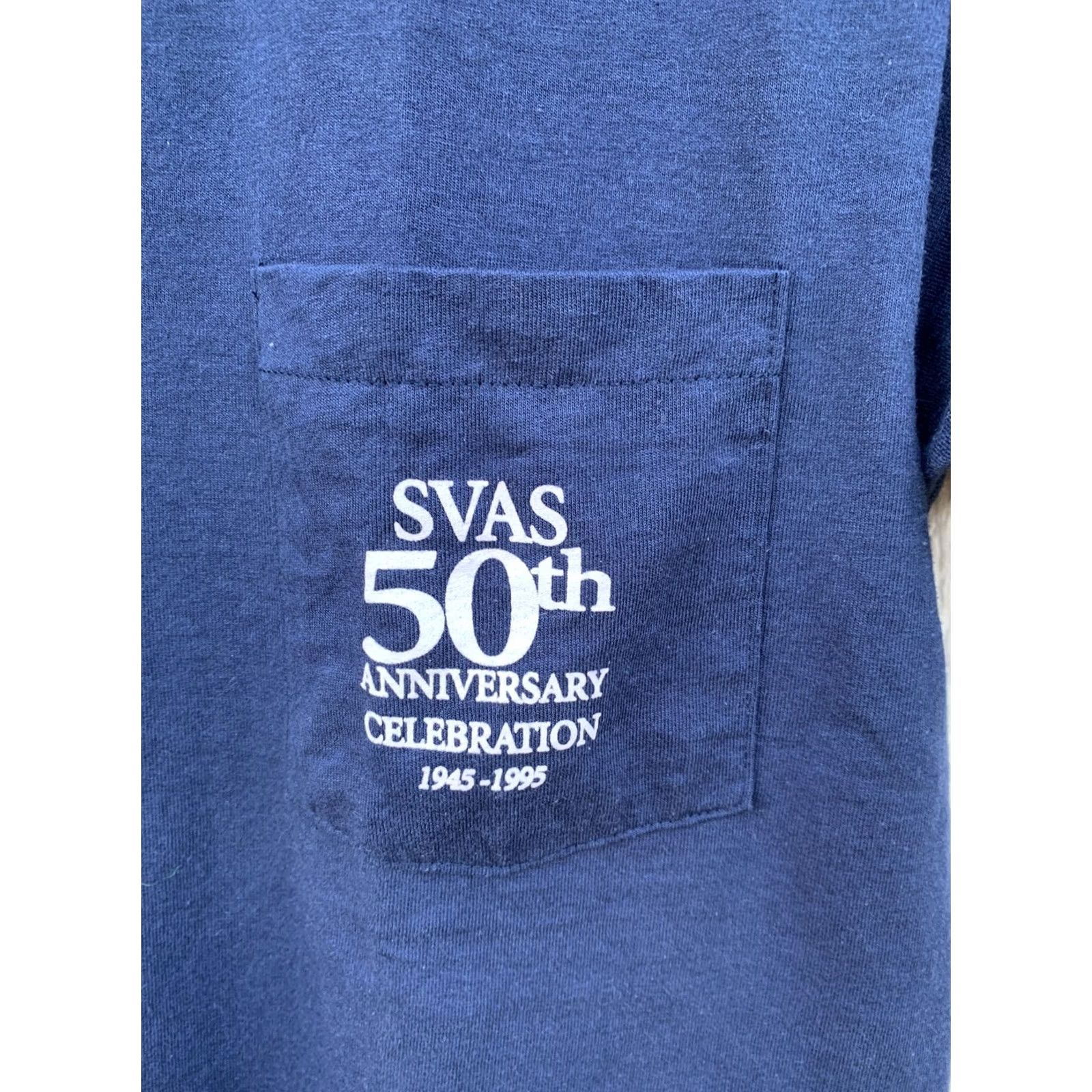 Fruit Of The Loom VINTAGE Fruit of the Loom SVAS 50th Anniversary Celebration pocket tee 1995 Astronomical M Blue Unisex Shirt 1990s Boys Girls Mens Womens Size US M / EU 48-50 / 2 - 4 Thumbnail
