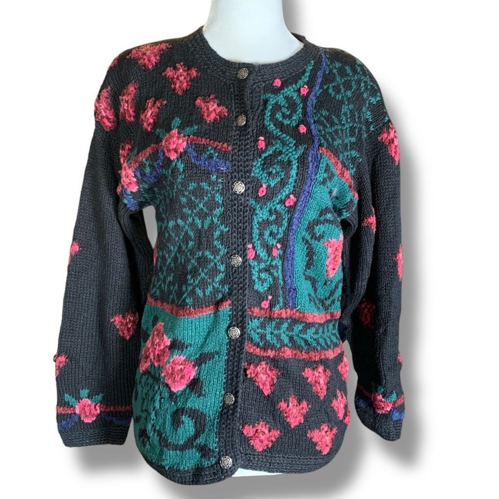 Northern Isles Vintage Northern Isles Hand-Knitted Floral Cardigan Sweater Size M / US 6-8 / IT 42-44 - 12 Thumbnail