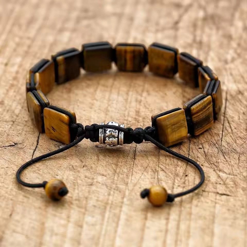 Handmade 10mm Square Tiger Eye Stone Beads Braided Bracelet Size ONE SIZE - 2 Thumbnail