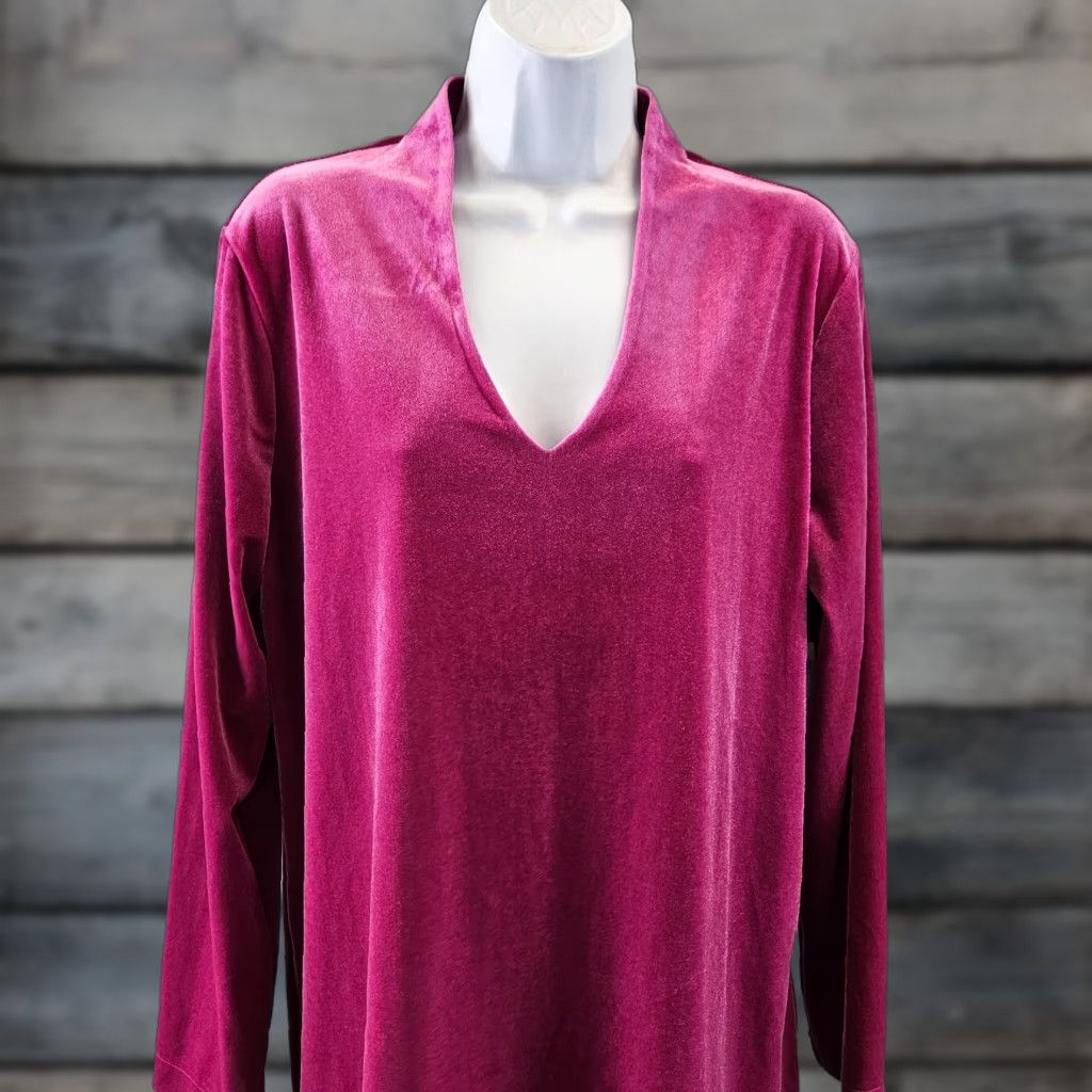 Chico's Womens Velvet Polished Tunic L Long Sleeve V-Neck Blouse Size Large Pink