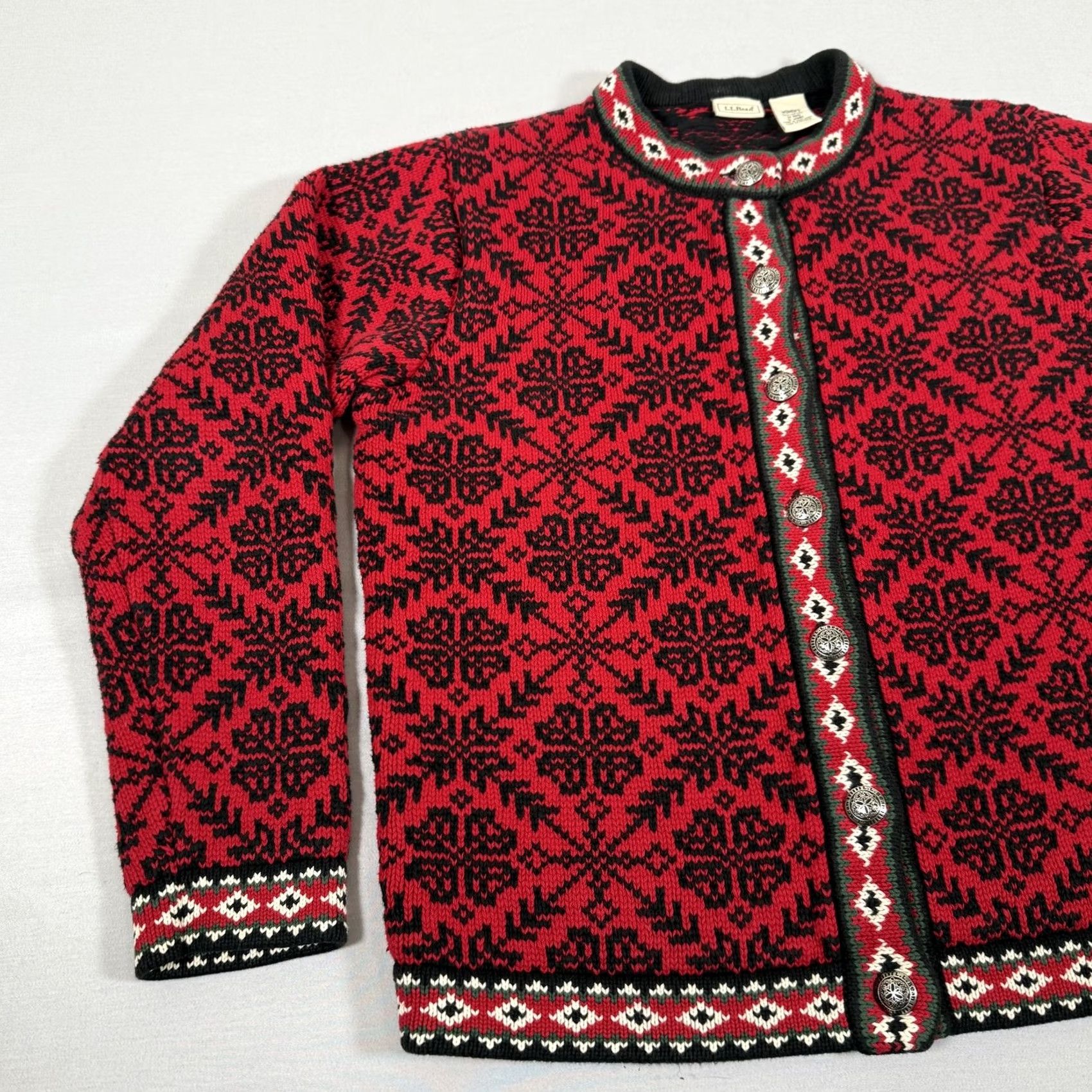 Vintage L.L.Bean Sweater Cardigan Women M Red Fair Isle Knit Cotton Button Up Crew Neck Holiday Ski Winter - Mens/Womens? Size M / US 6-8 / IT 42-44 - 4 Thumbnail