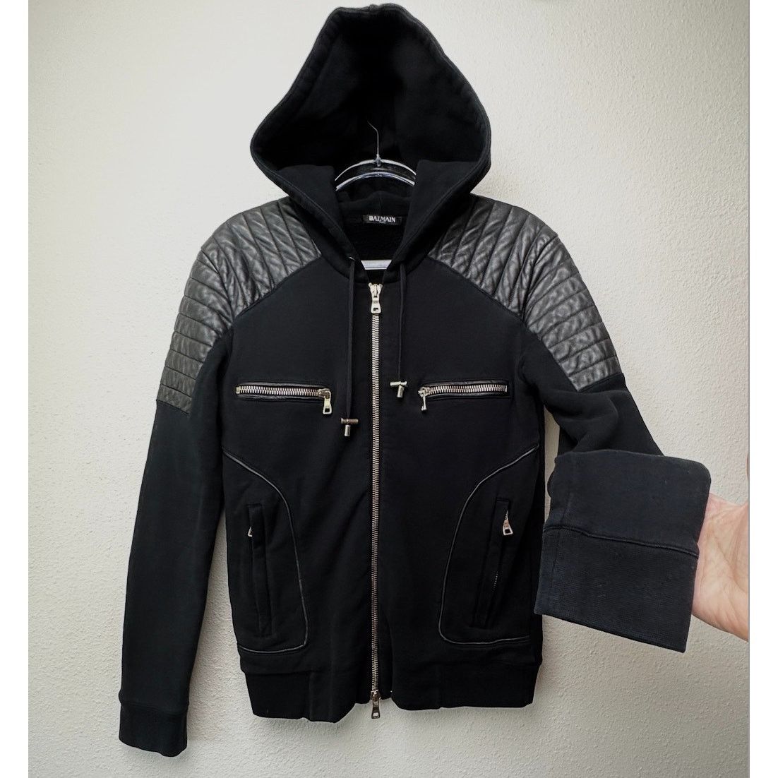 Balmain Balmain Black Moto Hoodie Leather-Shoulder Zip Sweatshirt M Size US M / EU 48-50 / 2 - 1 Thumbnail