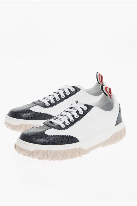 image of Thom Browne Two-Tone Leather Low-Top Sneakers in Midnight Blue, Men's (Size 6)