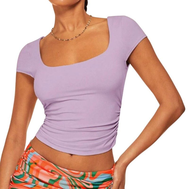 Shein Square Neck Ruched Side Crop Tee in Lilac, Size XS Size XS / US 0-2 / IT 36-38 - 1 Thumbnail