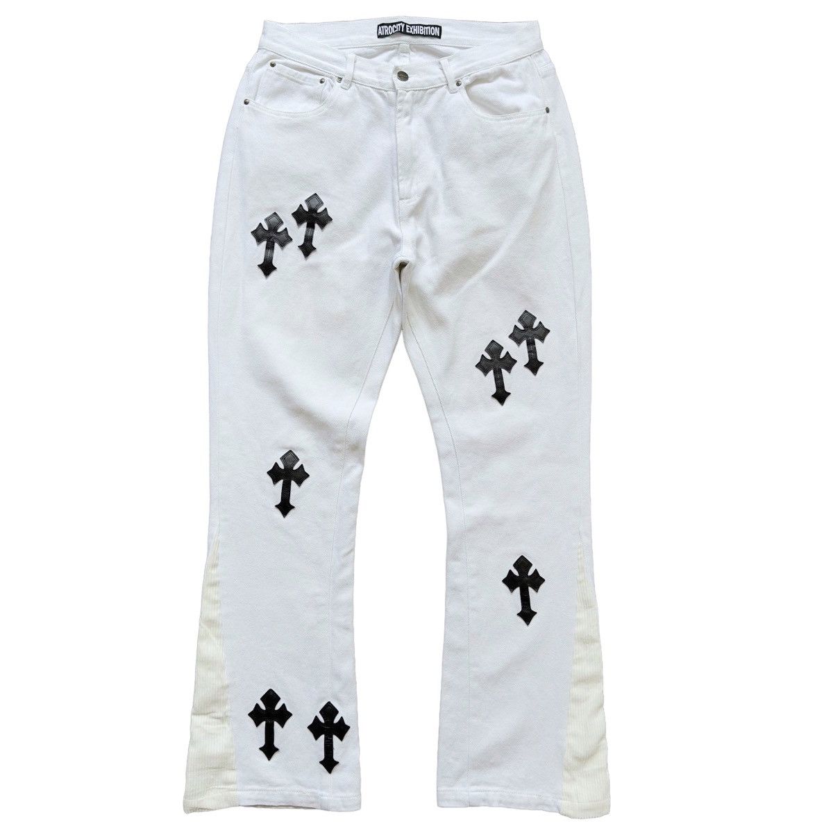 Japanese Brand Atrocity Exhibition Cross Patch Flared Denim Jeans Size US 31 - 1 Thumbnail