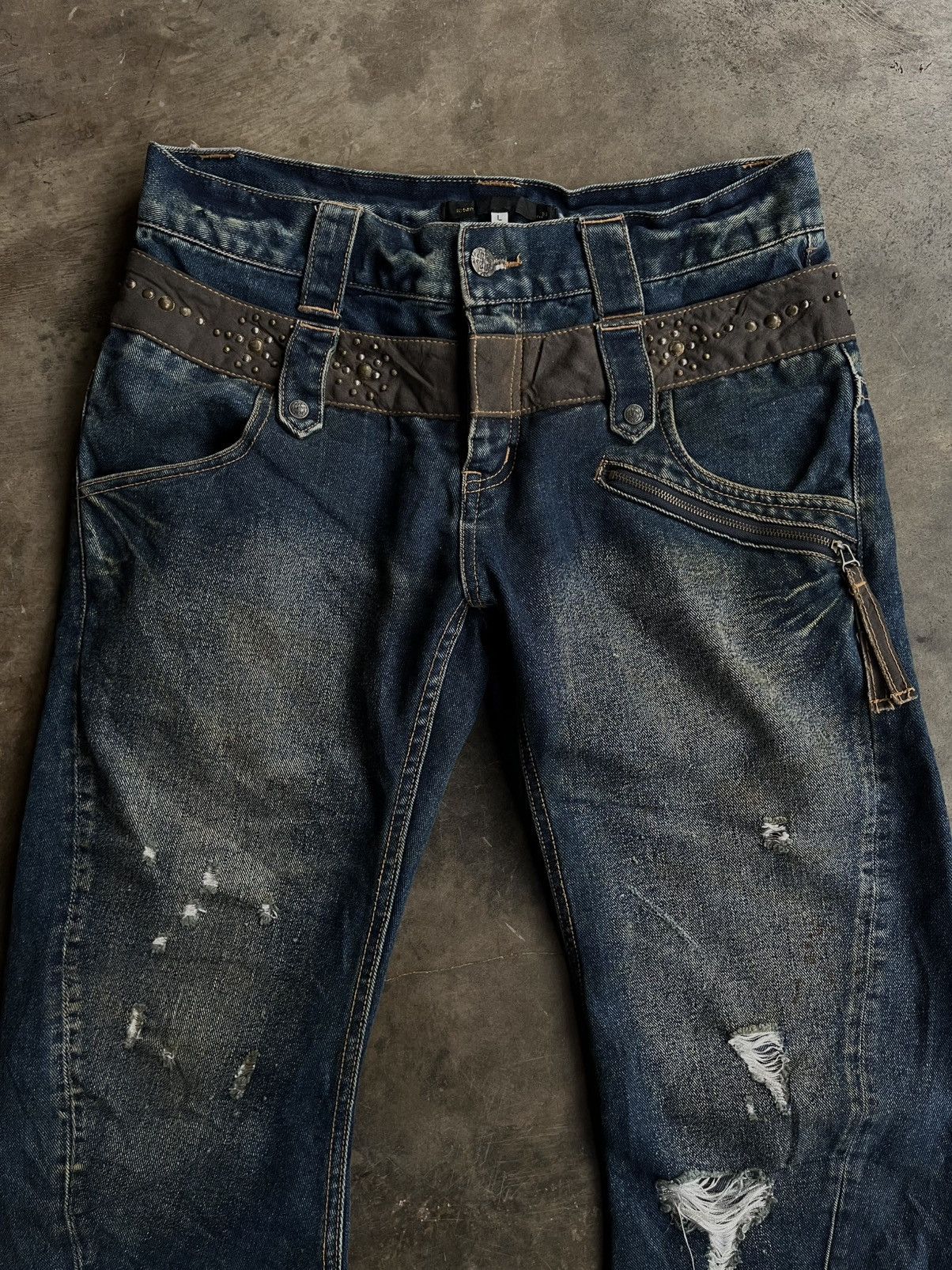 5351 POUR LES HOMMES 2000s JAPANESE BEADS ICOM DOUBLE WAIST DENIM PUNK PANTS VKEI Size US 32 / EU 48 - 3 Thumbnail