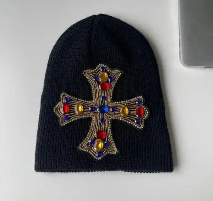 Japanese Brand Outdoor retro huge rhinestone cross knitted beanie hat Size ONE SIZE - 1 Thumbnail