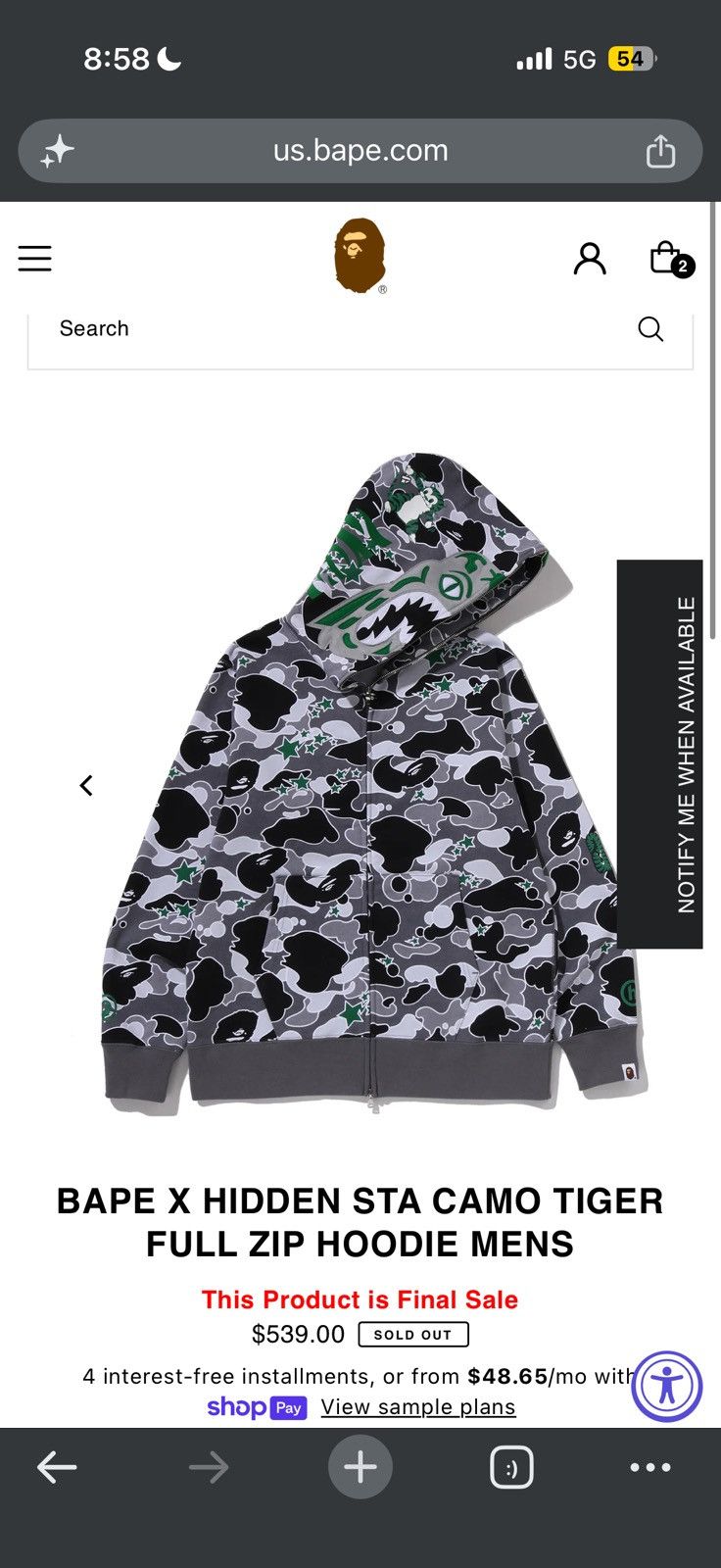 Bape BAPE X HIDDEN STA CAMO TIGER FULL ZIP HOODIE Size US XL / EU 56 / 4 - 19 Thumbnail