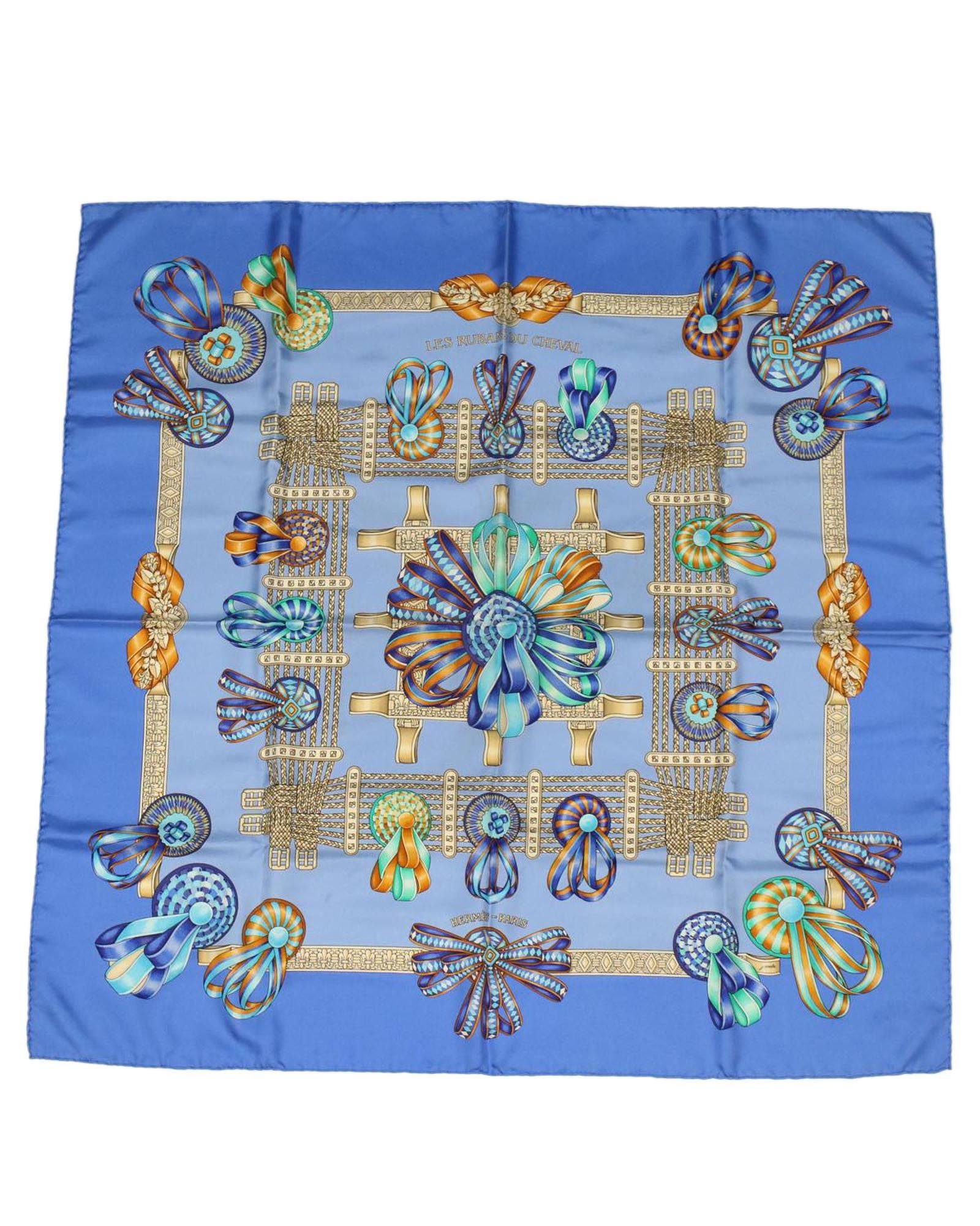 image of Hermes Blue Silk Horse Ribbon Scarf, Women's