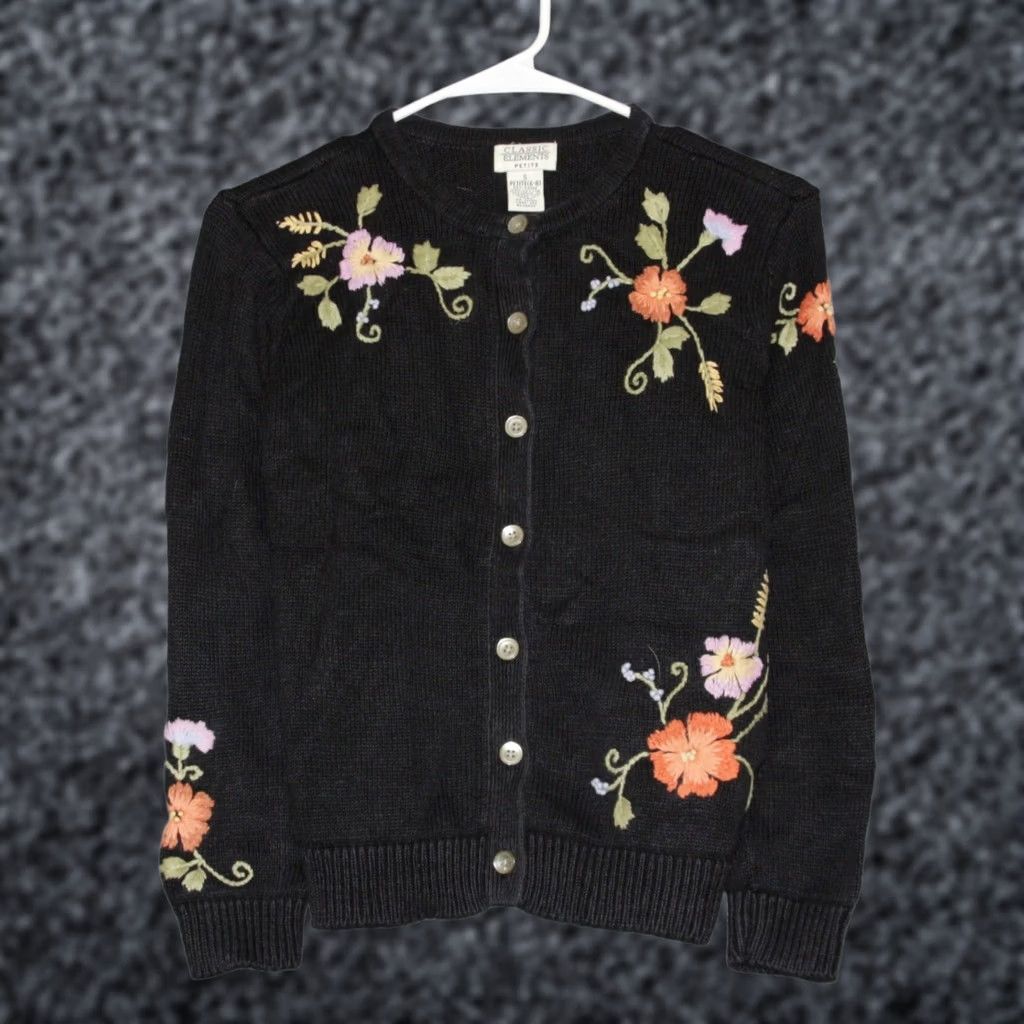 Vintage VINTAGE Classic Elements Cardigan Womens S Black Floral Knit Embroidered Button Front Cotton Ramie Sweater Size S / US 4 / IT 40 - 1 Thumbnail