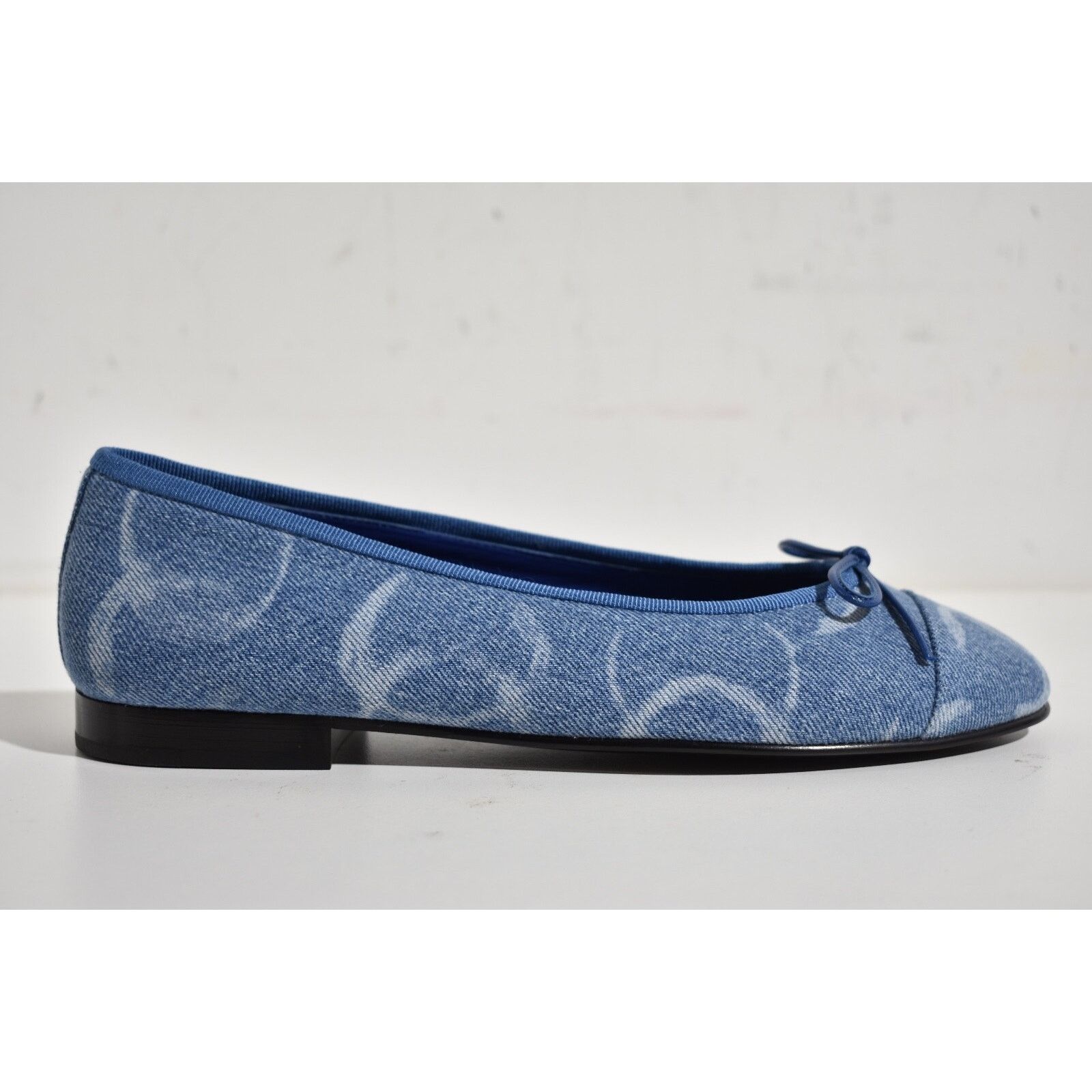 23B Printed Denim CC Logo Bow Tie Ballet Ballerina Flat 39.5