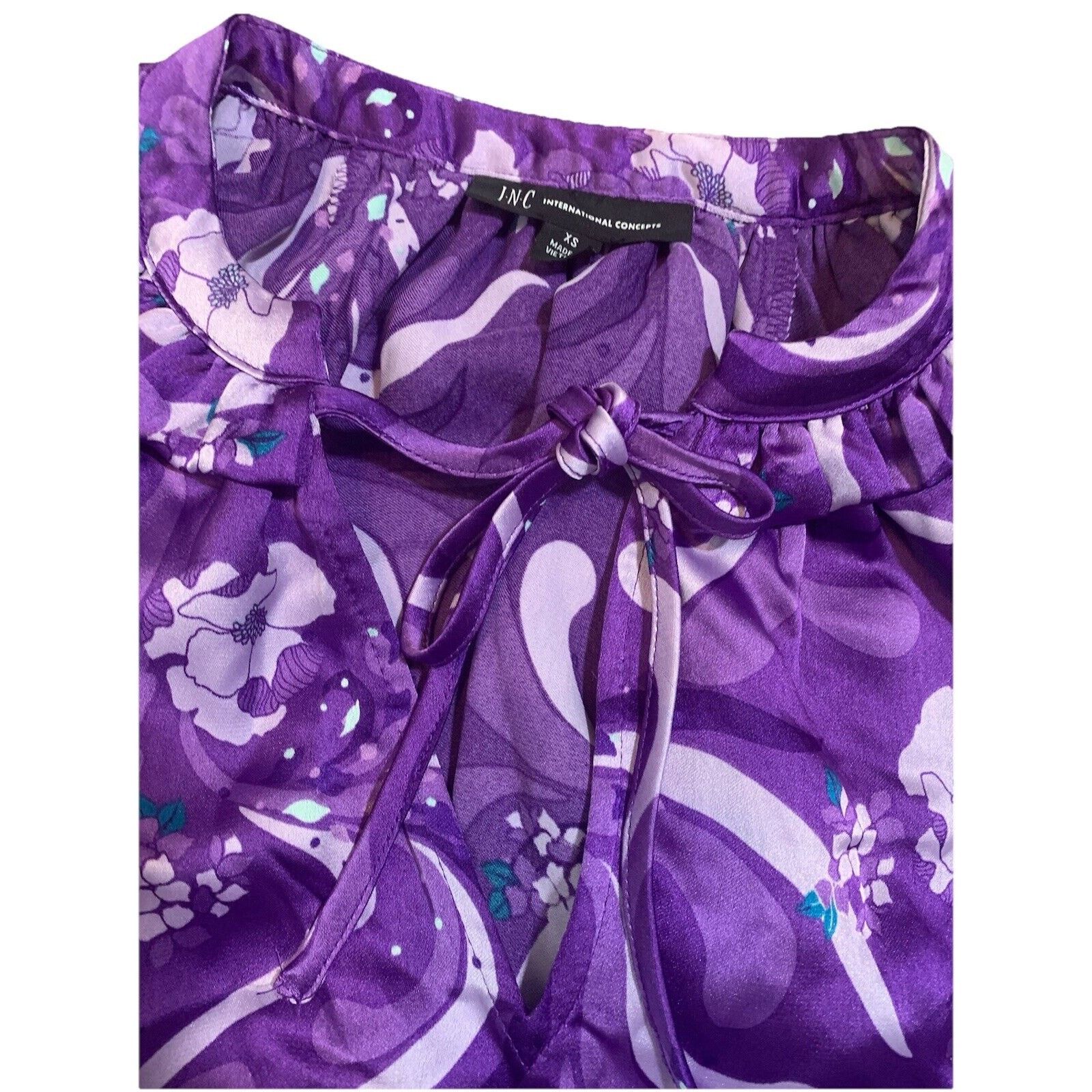 Other INC Women Purple Floral Satin Blouse Ruffle Tie Neck Size XS Size XS / US 0-2 / IT 36-38 - 2 Thumbnail