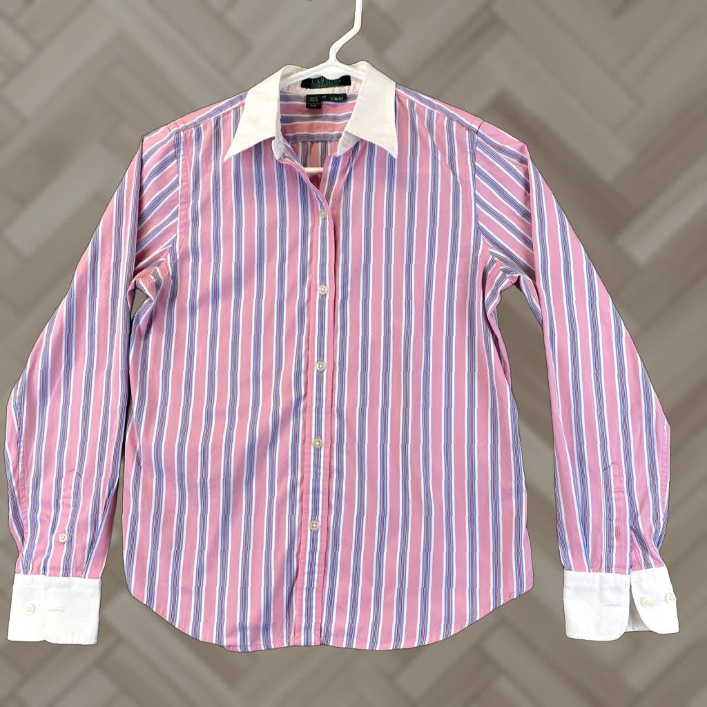 Ralph Lauren Ralph Lauren Pink Striped Button-Down Dress Shirt LS Women Slim Fit / 62-28 S Petite Women Mens? Size XXS / US 00 / IT 34 - 1 Thumbnail