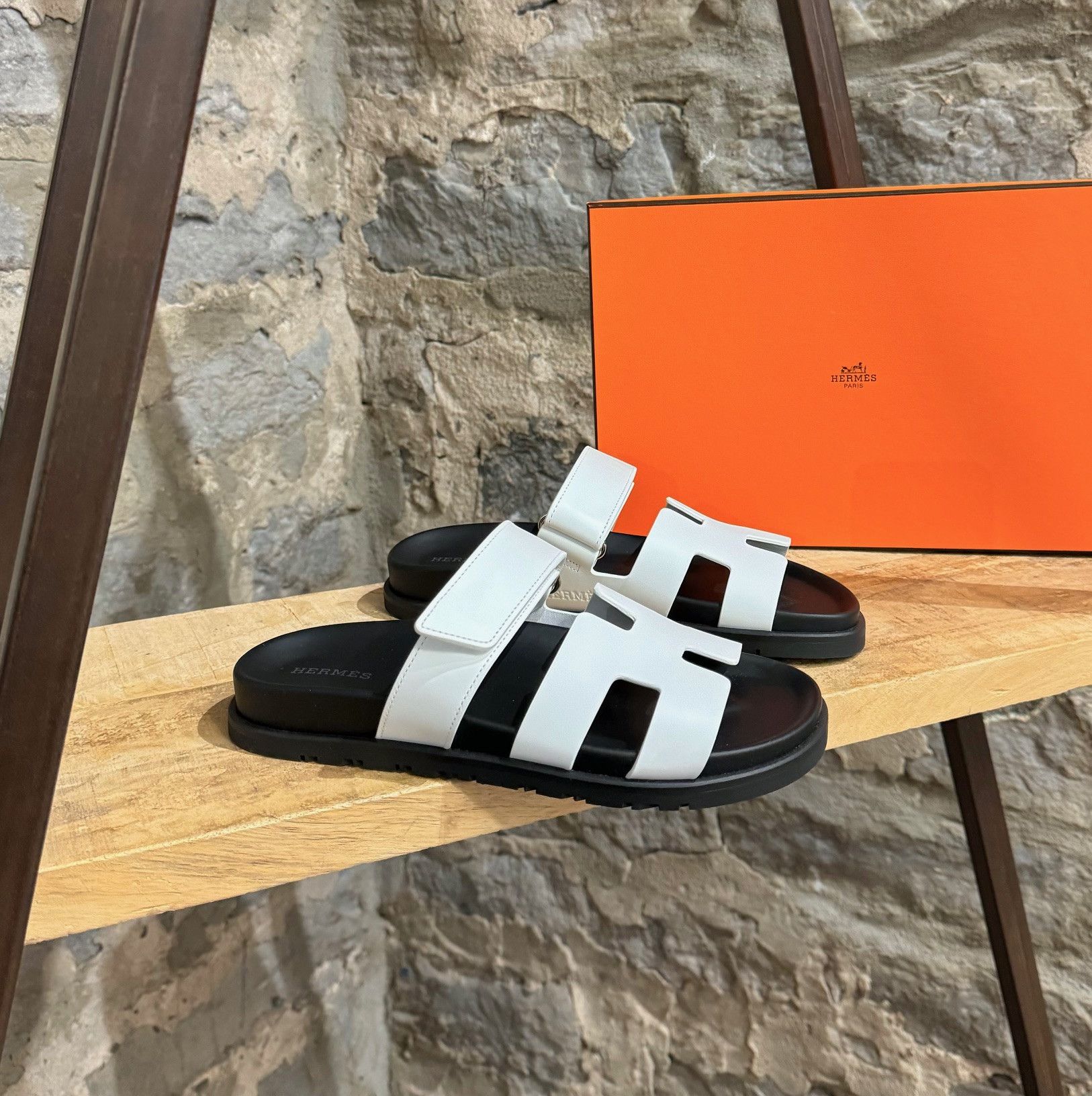 image of Hermes White Calfskin Chypre Techno Sandals, Women's (Size 7)