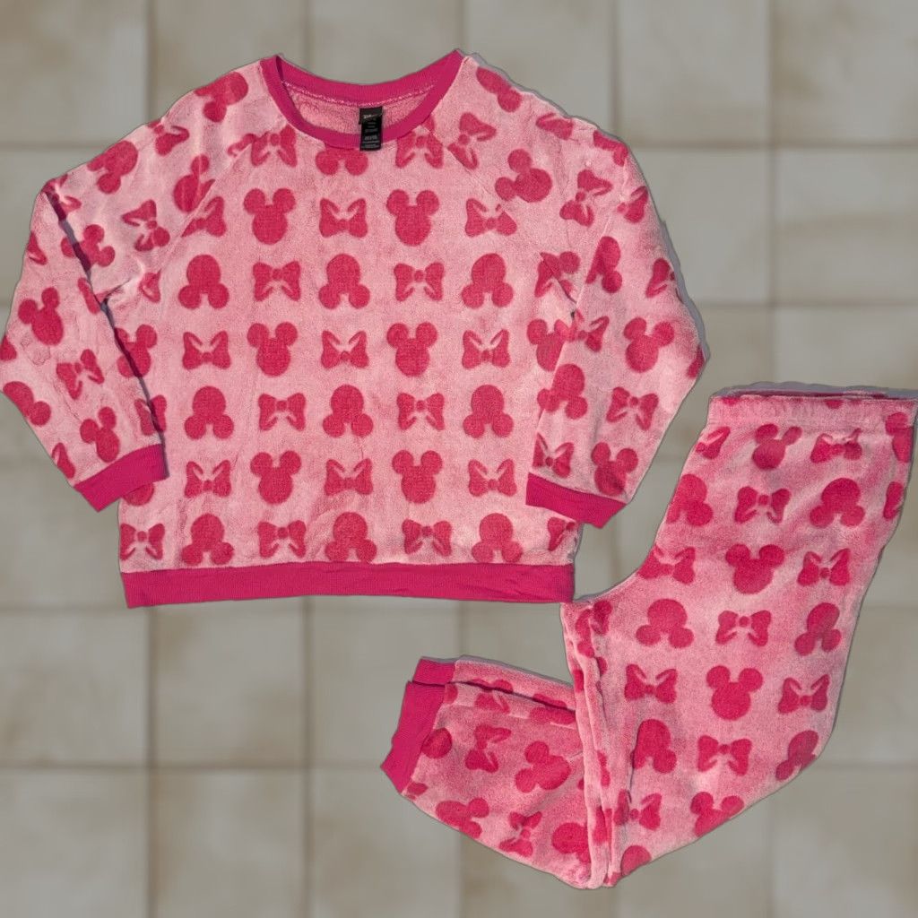 Disney Disney Pajama Set Ladies XL Pink Fleece Mickey Minnie Mouse Head Bow Polka Dot Crew Neck Long Sleeve Size ONE SIZE - 1 Thumbnail