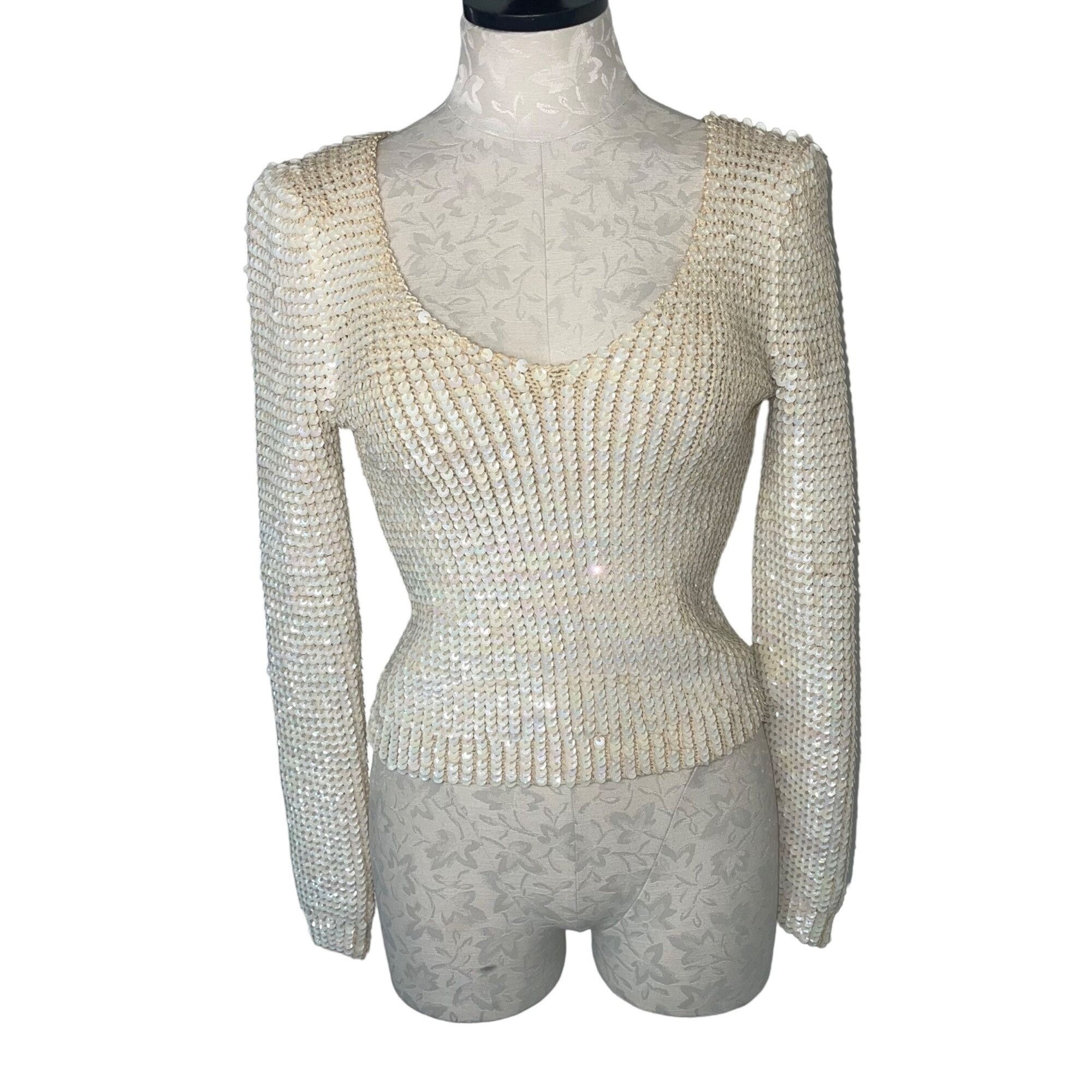 image of Sequin Vintage Womens Sweater Size Small Cream