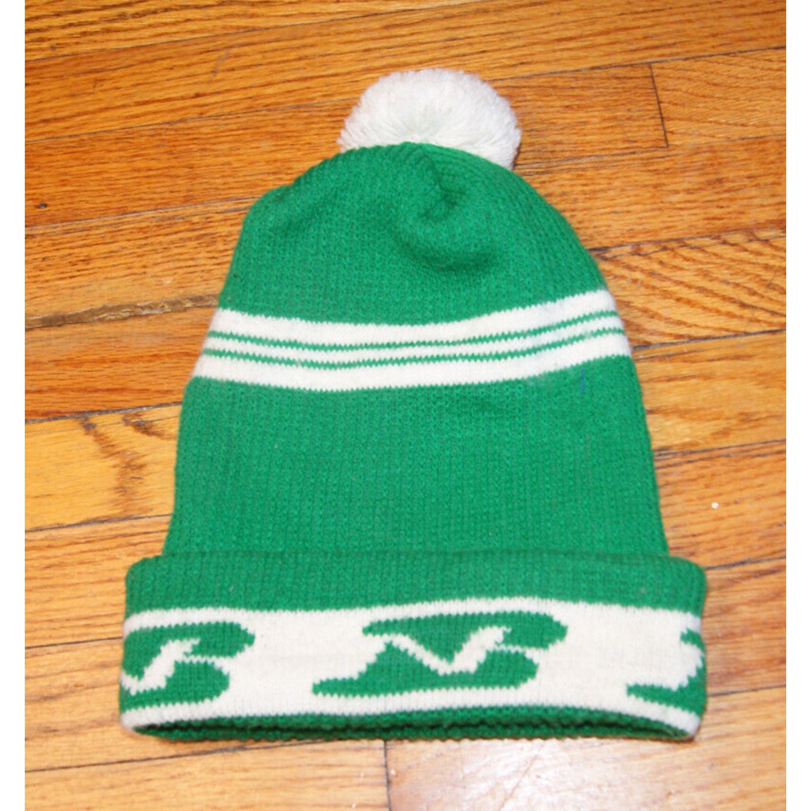 Other VTG Green White Winter Knit Ski Cap Hat Pom Cuff Beanie Size ONE SIZE - 2 Thumbnail