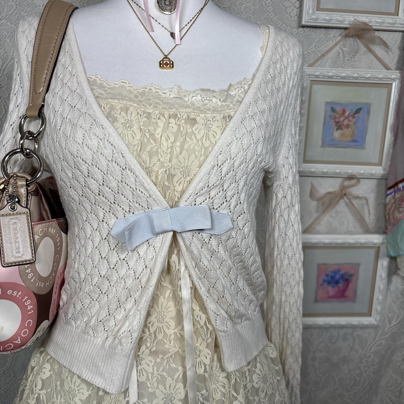 Nicole Miller cottage core cozy bow cardigan Size S / US 4 / IT 40 - 3 Thumbnail