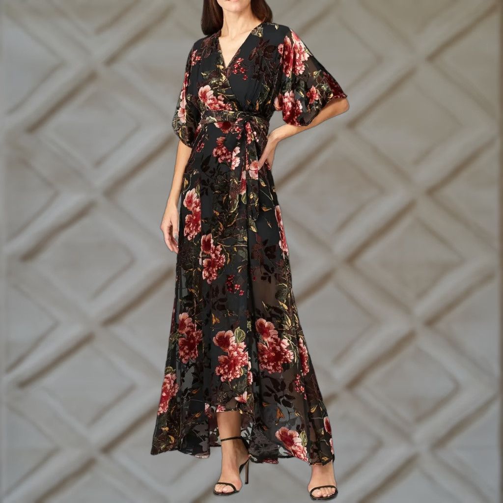 Velvet Hutch Floral Velvet Burnout Maxi Dress Women XS Multicolor V-Neck Tie Lightweight Casual Short Sleeve Party Bohemian Size XS / US 0-2 / IT 36-38 - 1 Thumbnail