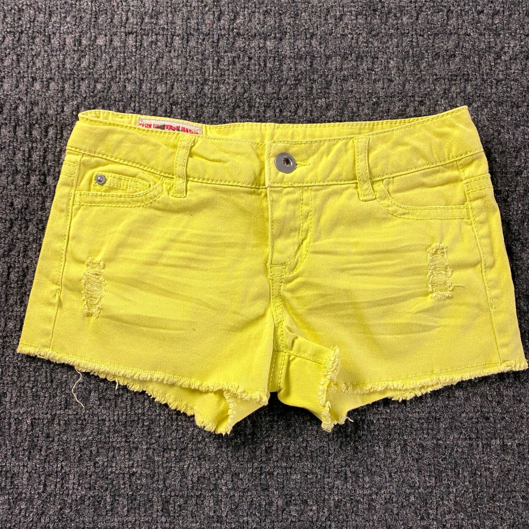 Denime VINTAGE 1st Kiss Neon Yellow Denim Shorts 25 Low Rise 2” Inseam Booty Cut-Off Hipster Women Size 42" / US 20 - 2 Thumbnail