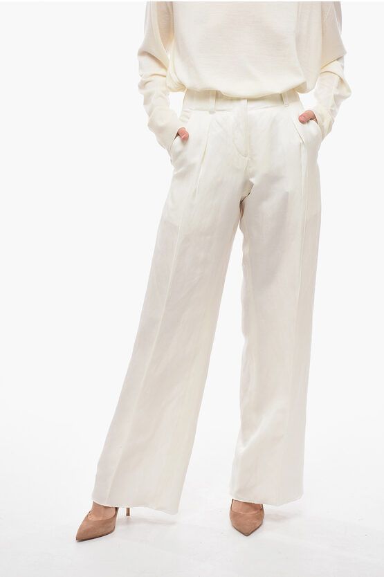image of Salvatore Ferragamo Silk And Linen Wide Pants in White, Women's (Size 26)